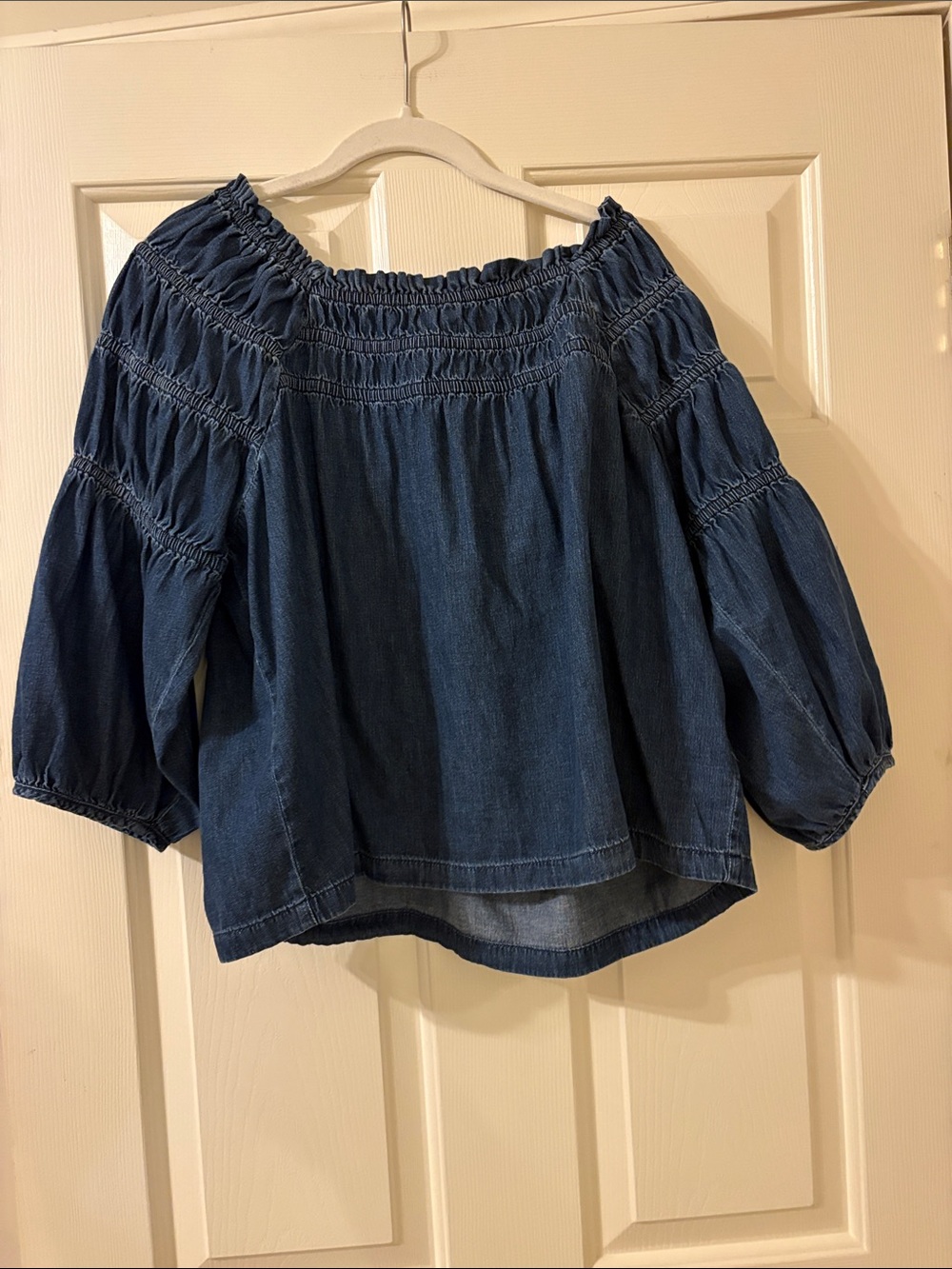 GAP Denim Off-Shoulder Smocked Peasant Top - Blue